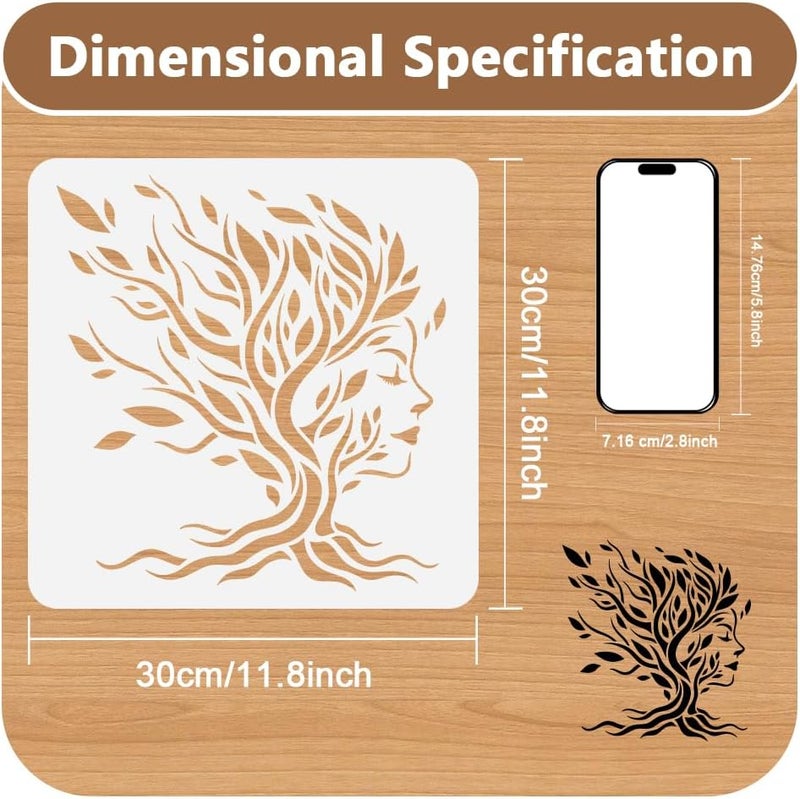 DOODLREAM Tree Woman Face Stencil for Painting, 11.8"x11.8" Plastic Tree of Life Stencil Drawing Templates, Woman Leaves DIY Craft Paint Template for Wall Home Decor Wood Burning Card Journal Paper - Image 2